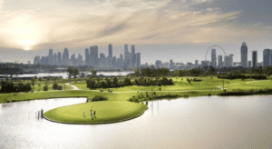 Golfers are playing golf at Marina Bay Golf Course.